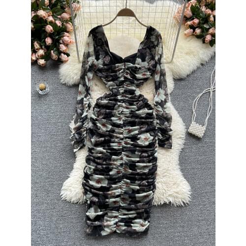 Vintage Black Draped Midi Dress Women Square Collar Long Sleeve High Waist Pleated Bodycon Vestidos Female Spring Autumn 2021