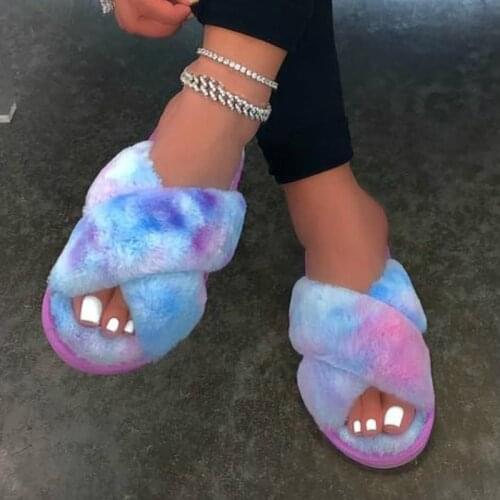 Winter Women Mix Colors Furry Slippers Flat Fluffy Soft Fur House Slides Floor Non Slip Warm Fashion Indoor Shoes Ladies Trend