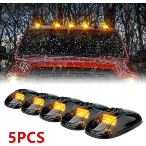 5pcs Smoked Lens 3000K Amber yellow LED Cab Roof Top Marker Running Lights For Truck SUV 4x4 (For Chevy Ford Dodge GMC, e