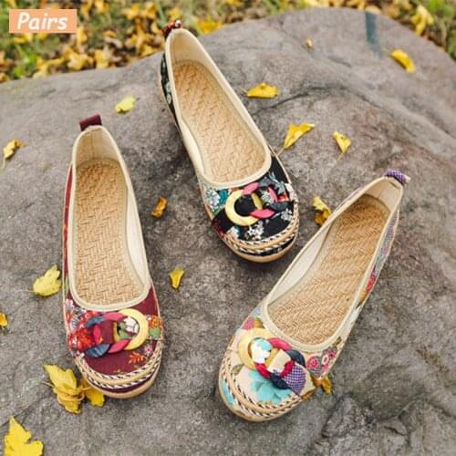 Hot Ethnic Fabric Straw Spring Autumn Ballet Flats Ladies Flower Casual Slip On Loafers Female Fashion Women Shoes Plus Size 42
