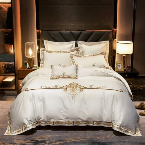 White Exquisite Embroidery Bedding Set Luxury 100S Egyptian Cotton Silky Double Size Bed Sheet Pillowcase Duvet Cover 4/6pcs