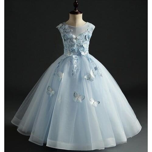 Elegant Sky Blue Tulle Girls Pageant Dress Bead Floral Flower Girl Dresses for Wedding Girl Party Princess First Communion Gown