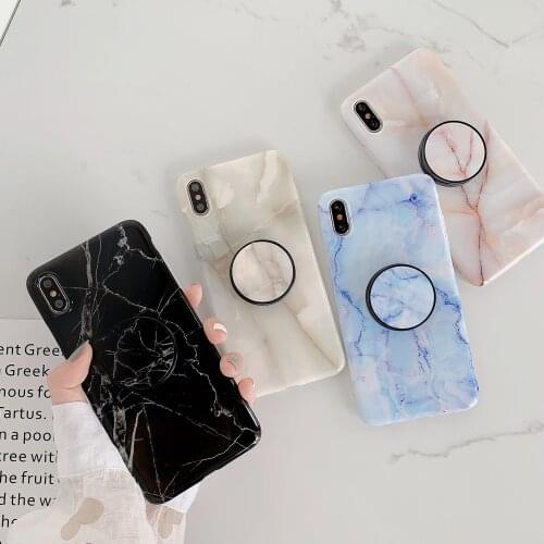 Glossy Black Blue Marble Kickstand Stand Ring Holder Phone Case for iPhone 12 Mini 11 Pro XS Max XR X 10 6s 7 8 Plus Back Cover