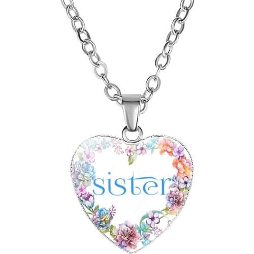 Blue Sister New Flowers With Leaf Love Heart Pendant Long Link Chain Necklace Gifts Women Family Friendship BFF Friend Jewelry