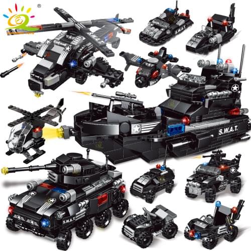 HUIQIBAO SWAT Police Missile Boat 597pcs 8in1 Building Blocks Set City Truck Brick with Policeman Construction Toys for Children