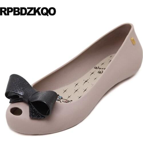 Bow 2018 Peep Toe Cheap Slip On Korean Jelly Navy Blue Gray Designer Kawaii Ladies Women Flats Shoes With Little Cute Bowtie