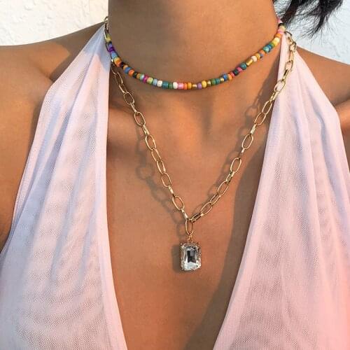 Fashion Square Crystal Pendant Link Chain Necklace Women Boho Colorful Beads Choker Double Layered Long Necklace summer Jewelry