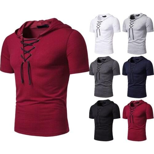 Mens Short Sleeve T-shirt Hooded European Loose Rope Fashion Summer New 2021 Short Sleeve Mens Fashion Brand Mens Solid Color