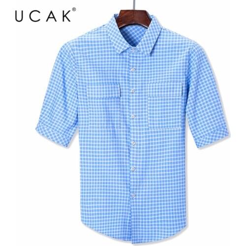 UCAK Brand Turn-dwon Collar Shirt Clothing Streetwear Tops 2020 New Summer Arrival Plaid Short Sleeve Shirts Men Clothes U6055