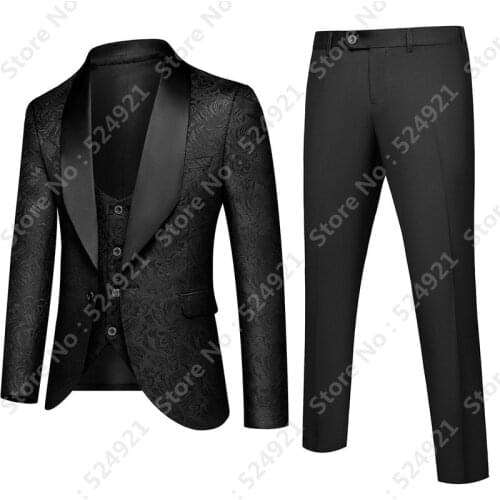 One Button Men Suits Black Groom Tuxedos Shawl Satin Lapel Groomsmen Wedding Best Man 3 Pieces ( Jacket+Pants+Vest+Tie ) D60