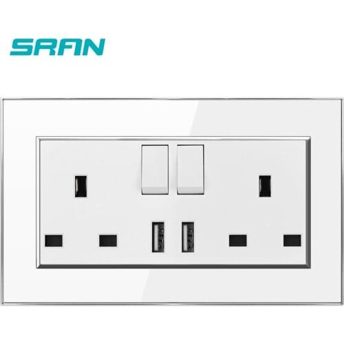 SRAN UK wall socket with switch,with USB,13A 250V Gold crystal acrylic panel mirror plated silver edge146mm*86mm power socket