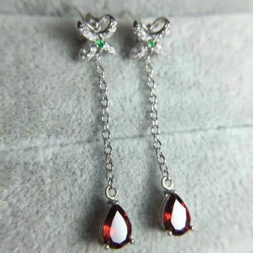Natural red garnet gem drop earrings 925 silver natural gemstone earrings Stylish elegant women bowknot Slender Earrings jewelry