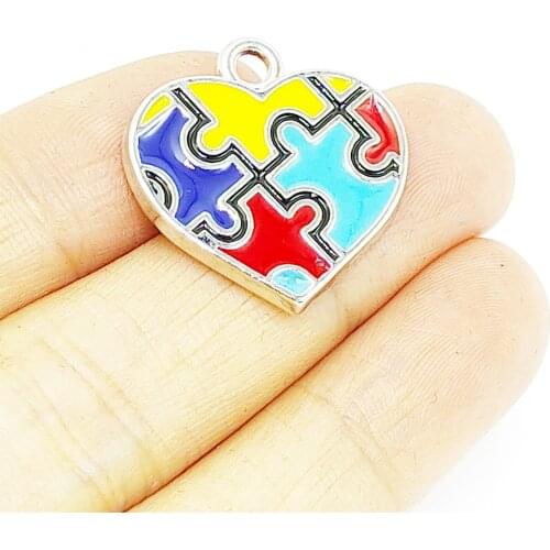 BULK 10pcs Lots Puzzle Piece Autism Charms Enameled Autistic Awareness Zinc Alloy Heart Pendant Jewelry Gift