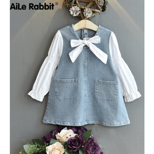 Autumn 2021 New Girls' Korean Shirt Denim Stitched Loose Dress