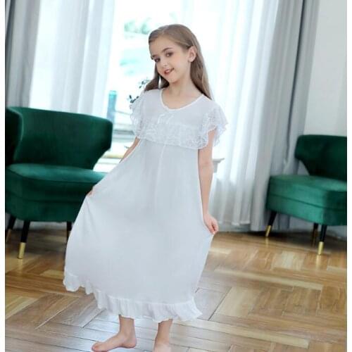 Girls Sleepwear Dress Summer Baby Girl White Elegant Lace Pajamas Dresses New Children Nightgown Dress Kids Home Clothing 10 12T