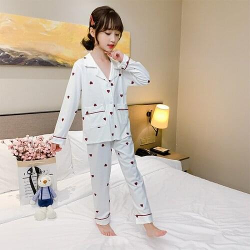 Girls Pajama Set Turn Down Collar Cute Love Print Girl Pajamas Suit Autumn Toddler Pajama Kids Sleepwear Children Clothes Pjs