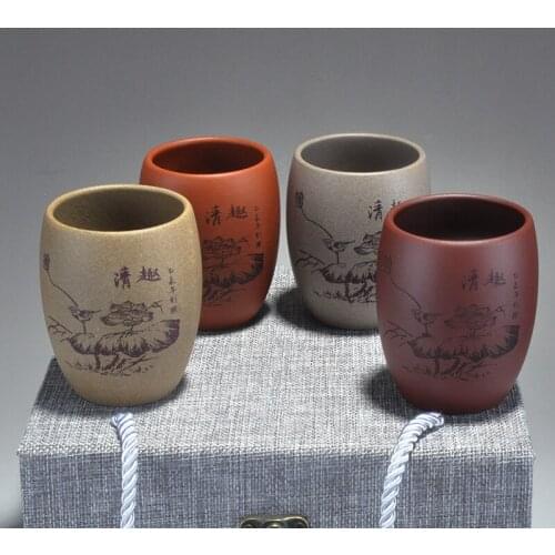 Full handmade marked tea cup original ore yixing real zisha purple grit kungfu teacups handpainted lotus print master cup of tea
