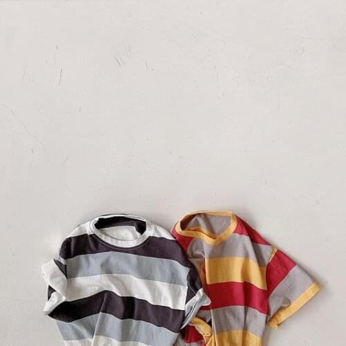 Boy Short Sleeve 2021 Summer New Retro Stripe Contrast Color Children Simple Korean T-shirt
