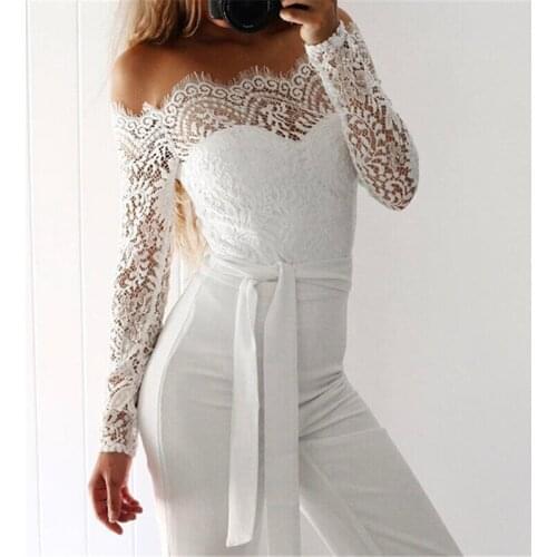Sexy Women Jumpsuit Fashion Sexy Slash Neck Long Sleeve Long Bodysuit Casual Elegant Lace Patchwork Solid Romper Female