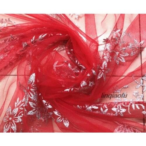 Red, dark blue, translucent printed flower, gilded mesh fabric Dress dance skirt fabric