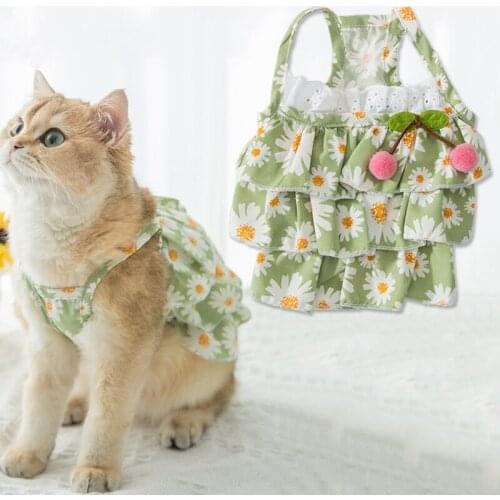 Thin Pet Cat Dog Clothes Floral Clothing Daisy Print Sling Dress Small Super Pet Outfits Cute Spring Summer Green Pet Supplies