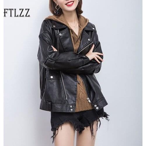 Street Leather Jacket Women Loose Zipper Short Leather Coats Ladies Turn Down Collar Black Pvc Outwear Female Biker Moto Jackets