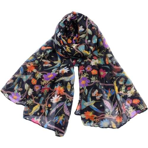 Spring and Autumn New Fashion Animal Silk Scarves Lady Hummingbird Sunflower Print