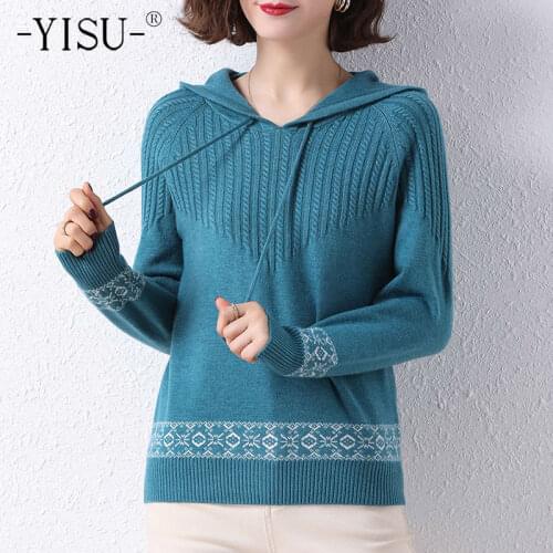 YISU 2021 Spring Women Sweater Hooded collar Solid color Spring tops All-match Simple Female Jumper Casual Knitted pullover