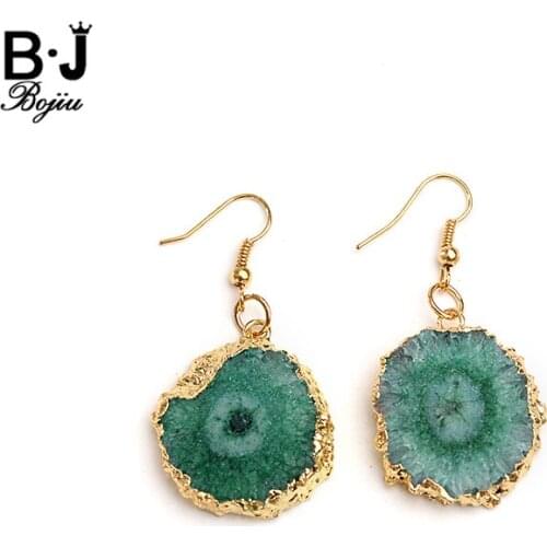 BOJIU Natural Druzy Stone Fish Hook Earrings For Women Trendy Green Purple Blue Drusy Pendant Gold Copper Drop Dangle Ring EA055