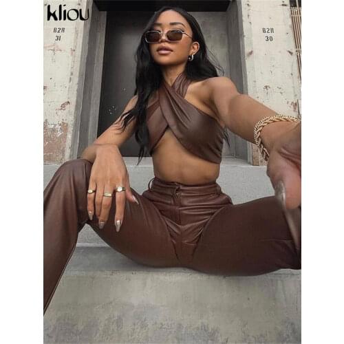 Kliou Faux PU Leather Two Piece Set Women Sexy Sleeveless Criss Cross Lace Halter Top+Straight Solid High Street Female Pants