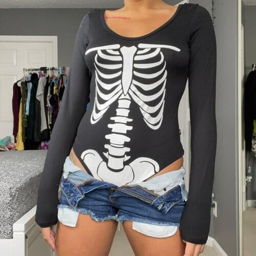 Y2K Gothic Skull Print Black Bodysuit Women Autumn Long Sleeve Skinny Bodycon Rompers Short Jumpsuits Overalls E-girl Clothes