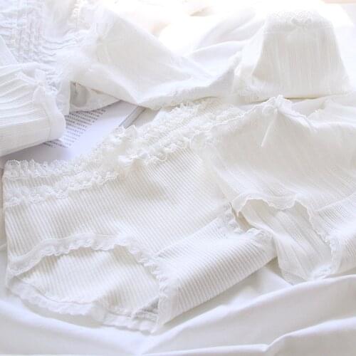 Lolita Womens Underwear Lace White Seamless Underwear Japanese Sweet Package Hip Cotton Middle Waist Lace Bow Lingerie Tanga