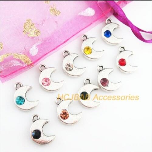 20 New Moon Charms Tibetan Silver Tone Retro Mixed Crystal Pendants 11x15.5mm