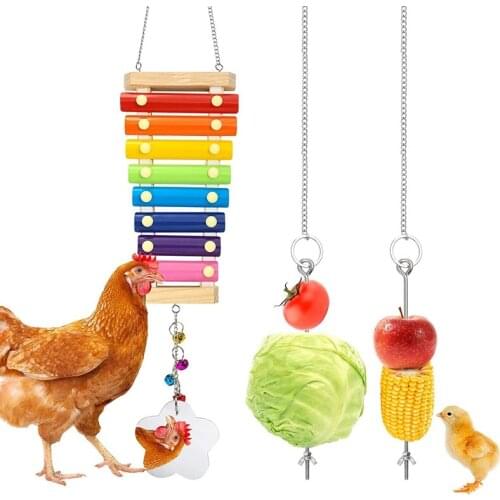 3 Packs Chicken Toys, Chicken Xylophone Toys with 8 Metal Keys and Chicken Mirror for Hens, Vegetable Hanging Feeder