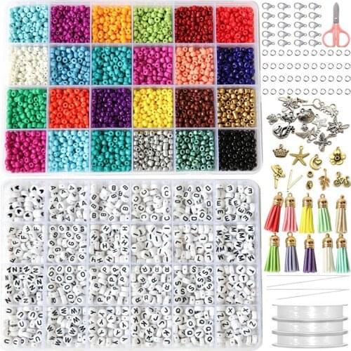 6000Pcs 4mm Glass Seed Small Pony Beads 1200Pcs Letter Alphabet Bead Craft and Art Kit Set for DIY for Girls Kids