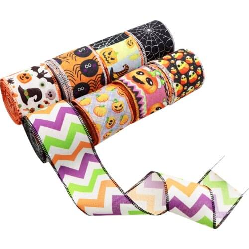 63MM 5Yards/Roll Skull Spider Lron Wire Edge Grosgrain Ribbon With Halloween Party DIY Gift Wrap Handmade Ribbons,5Yc20233