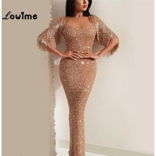 Tassel Arabic Evening Dresses Turkish Mermaid Party Dress Muslim Moroccan Kaftans Formal Half Sleeves Floor Length Prom Gowns