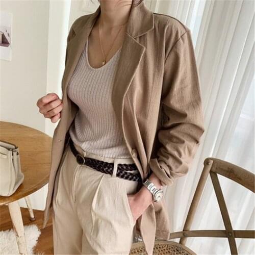 2021 Spring Casual Blazers for Women Long Sleeve Cotton Linen Single Button Notched Outwear Korean Boy Friend Style Blazer