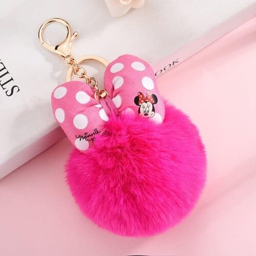 Disney 19 Color Minnie Key Chain Cartoon Polka Dot Bow Pom-Pom Key Ring Pendant Car Bag Ornament Fashion Parts Toy Girls gift