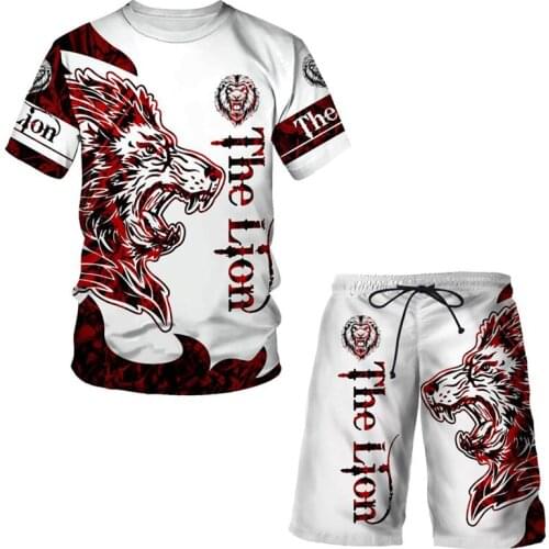 Hot selling men t-shiet + pants 2 piece sets casual 3D print animal lion sportswear spring and summer new men/women board shorts