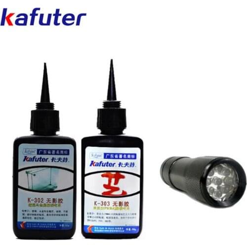 Hot Sale 50g kafute K-302/K-303 kafuter UV glue+portable UV flashlight uv curing adhesive Acrylic transparent plastic glass glue