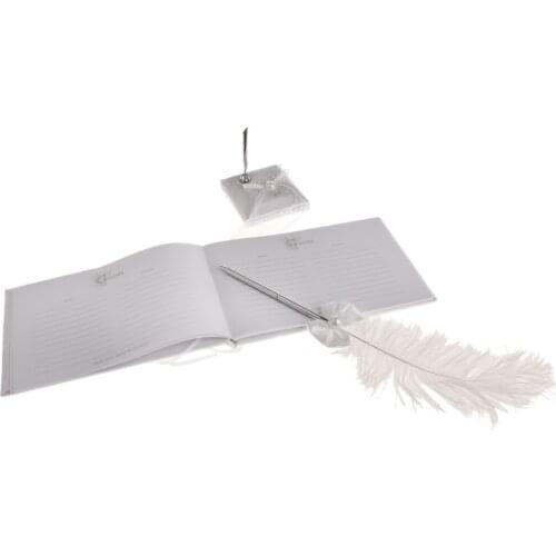 Guest Book Pen Wedding Heart White Reception Guest Book Feather Bowknot Pen and Stand Set Party Supplies