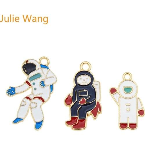 Julie Wang 3PCS Enamel Astronaut Charms White Black Aviation Gold Tone Necklace Bracelet Earrings Jewelry Making Accessory