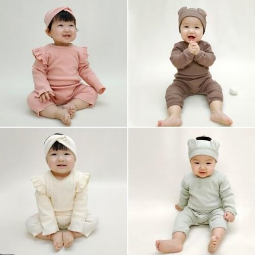 New Spring Fashion Newborn Baby Clothes Ribbed Cotton Long Sleeve New Born Baby Boys Girls Rompers Headband 2pcs Sets Baby Girl