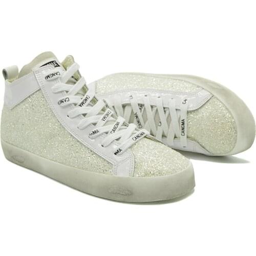 CANGMA Luxury Brand High Top Sneakers Men Sequined Shoes Mid Mans Casual Shoes Glitter White Paillette Male