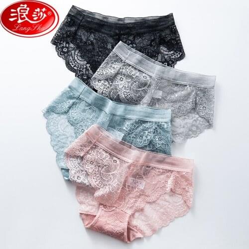 LANGSHA 4Pcs/lot Women Sexy Lace Panties Seamless Womens Underwear Low-Rise Briefs Nylon Cotton Crothch Transparent Lingerie