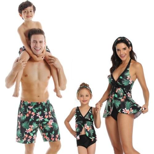 Summer 4 Style Flower Printed Family Matching Swimwear Mother and Daughter Swimsuit Bikini Set Father Son Swimming Trunks