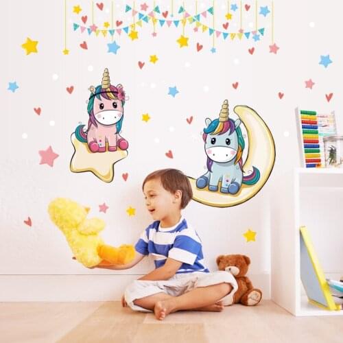 Cartoon Pink Blue Unicorn Wall Stickers Moon And Colorful Stars Flags Wallpaper For Kids Living Room Bedroom Wall Mural