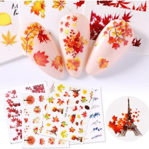 1PC 6.1*5.3cm Watermark Fall Leaves Nail Decals Autumn Yellow Maple Leaf Nail Art Stickers DIY Manicure Slider Decorations Tips