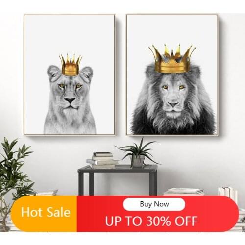 WTQ Lion and Lioness with Crown Wall Art Canvas Painting Posters King Animal Print Nursery Picture for Living Room Decoration